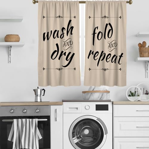 "zokyer Laundry Beige Kitchen Window Curtain White Words Minimalist Funny Trendy Wash Dry Fold Small Short 27.5"" W x 45"" L Curtains Set for Living Room Bedroom Bathroom 2 Panels Rod Pocket Drapes"