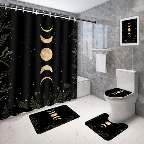 Coxila Moon Phase Shower Curtain Set Moonlit Celestial Plant Goth Gothic Witch Witchy Mysticism Toilet Lid Cover U Shaped Bath Mat 4 Pcs Decor Bathroom Non-Slip Rug Fabric Polyester 60x72 Inch
