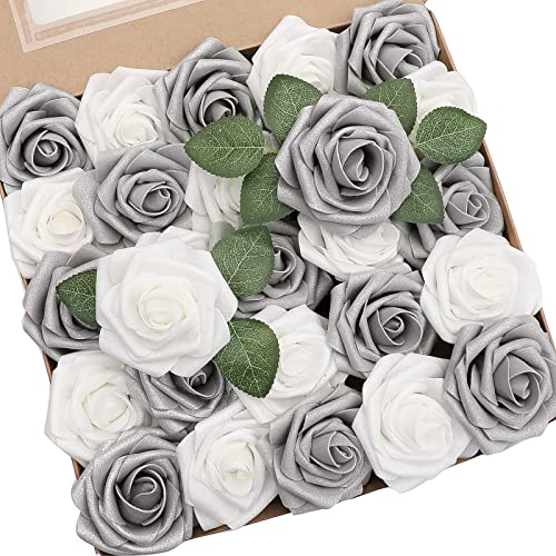 Floroom Artificial Flowers 50pcs Real Looking Shimmer Silver Grey Foam Fake Roses with Stems for DIY Christmas Tree Xmas Wedding Party Tables Centerpieces Floral Arrangements Home Decor