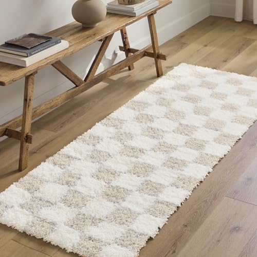 Livabliss Willa Mabini Shaggy Runner 80x220 cm – Plush Thick Pile for Hallway & Bedroom, Neutral Boho Design, Easy Care, Cream & Beige