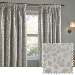 furn. Wylder Grace Leaf Pencil Pleat Curtain Pair – Matt Satin Jacquard Room Darkening Curtains (Mist Grey – Width 229 x Drop 137cm)