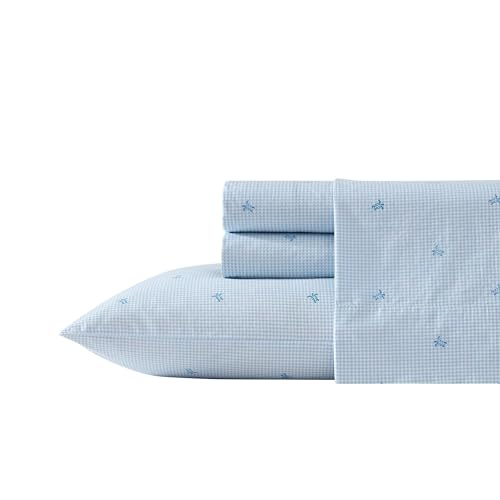 Laura Ashley - Queen Sheets - Cotton Percale Bedding Set Lightweight Breathable Home Decor (Blue Gingham Turtle, Queen)