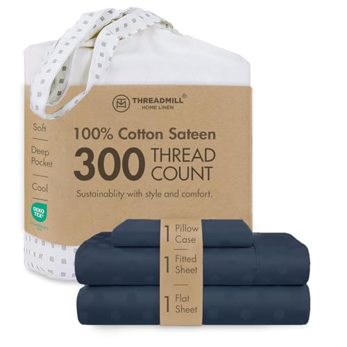 "Threadmill 300TC Cotton Twin Sheet Set, Sateen, Jacquard, Folkstone Blue - 100% Cotton, Sateen Weave, Jacquard Pattern, 3-Piece Set, 16"" Deep Pocket, Cooling, Breathable, OEKO-TEX Certified"