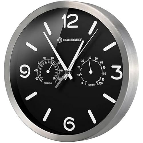 Bresser MyTime ND Radio-Controlled Wall Clock Thermo-Hygro with Silent Radio-Controlled Clock, Stainless Steel Frame and Display for Temperature and Humidity, Black, 250 x 250 mm