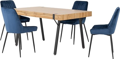 Seconique Treviso Dining Table Set with 4 Avery Dining Chairs in Light Oak Effect/Sapphire Blue Velvet