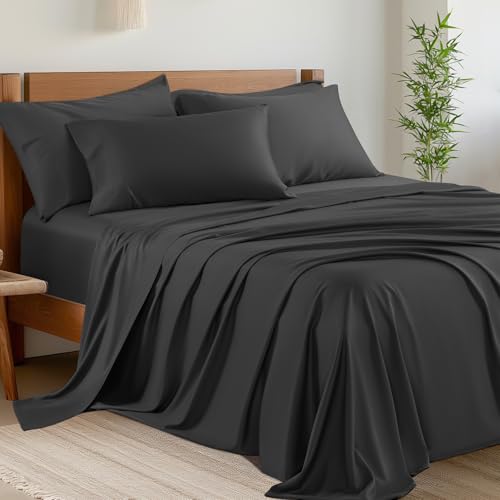 "Shilucheng 6 Piece Queen Sheet Sets, Cooling Sheets, Blend Rayon Derived from Bamboo, Deep Pocket Up to 16"", Breathable & Soft Bed Sheets, Hotel Silky Bedding Set, Black"