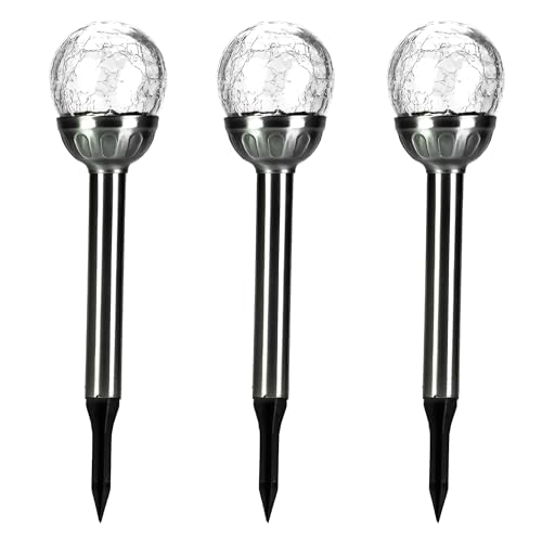 Status Sydney Outdoor Garden Solar Light / 3 Pack of 8 cm White Light LED Stainless Steel Stakes/Crackle Glass Ball/Waterproof Garden Ornament/Rechargeable Battery Included [Energy Class E]