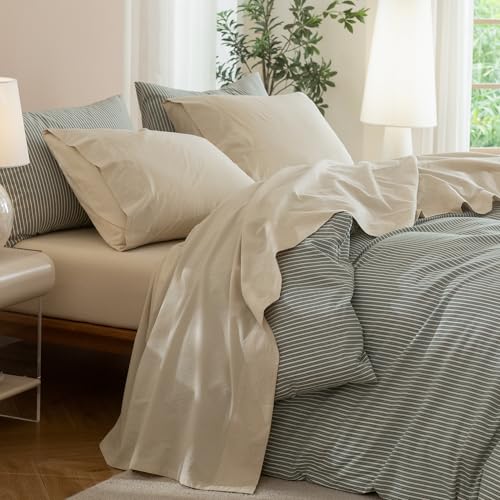 "JIYUAN Twin Washed Cotton Sheet Set, 3-Piece, Relaxed Linen Feel - Deep Pocket Fits Mattresses up to 17"". Flat Sheet & 1 Pillowcase. Naturally Soft & Breathable. Machine Washable."
