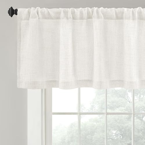 DriftAway Linen Textured Window Valance for Kitchen Semi Sheer Light Filtering 3 Inch Rod Pocket Farmhouse Country Rustic Window Curtain Valances 18 inch Length for Bathroom Living Room White