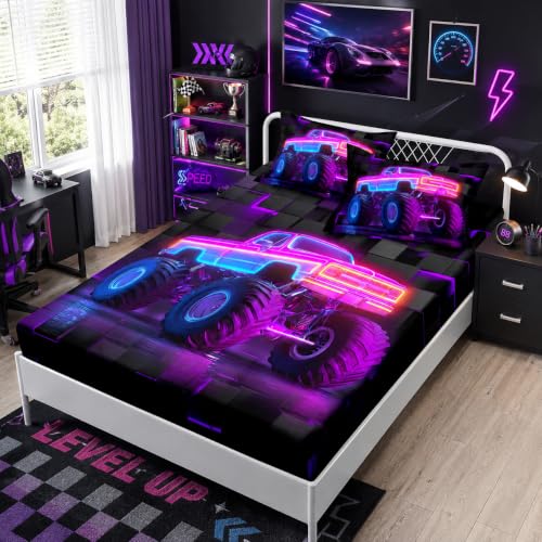 HOSIMA Boys Monster Truck Fitted Sheet Queen,Geometric Background Pattern Cool Extreme Sports Bedding for Kids Men Monster Truck Room Decor,1 Fitted Sheet+2 Pillowcases.