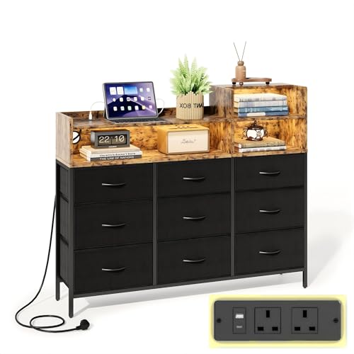 IRONCK Chest of Drawers with LED Light and Charging Station, 9 Fabric Drawers & 3 Wooden Open-Shelf Dresser, Modern Storage Organizer Cabinet for Bedroom Living Room, Hallway,130x108x30CM(Brown Black)