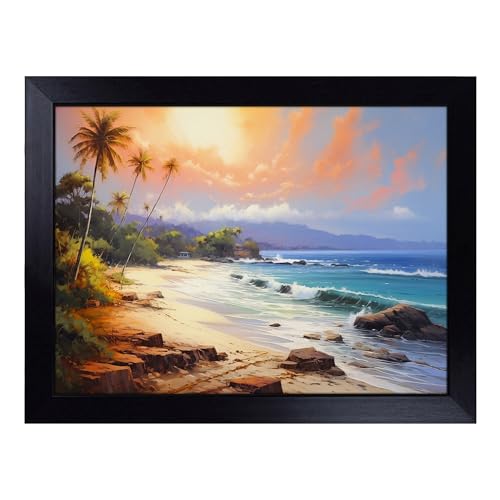 Lap Tray with Bean Bag Cushion, Beach Landscape - Handmade in the UK, Raised Wooden Edge, Padded Cushion, Heat-Resistant Wipe-Clean Surface, for Meals, Laptops and Crafts