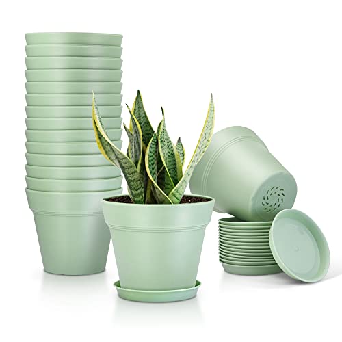 FHWTY 16 Pack 4 inch Plastic Plant Pots with Drainage Holes and Tray, Green - Thickened Indoor Planters Seedlings Nursery Pots for Flowers, African Violet, Succulent and All House Plants