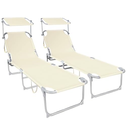 VOUNOT® Folding Sun Loungers Set of 2, Sunbed with Adjustable Backrest & Sunshade for Garden, Beach, Patio, Pool, Camp, Load 110 kg, Beige