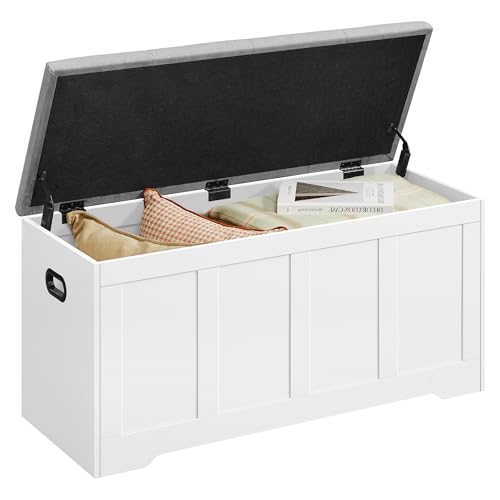 VASAGLE Storage Chest with Lid, 2 Safety Hinges, Farmhouse Shoe Storage Bench, for Hallway, Bedroom, Living Room, 41 x 101 x 49 cm, Cloud White and Dove Grey LSB068W102