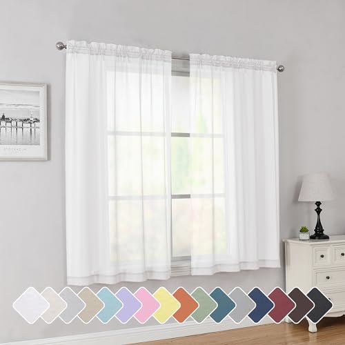 Simplebrand White Short Sheer Curtains 45 Inch Length for Small Windows, Rod Pocket 2 Panels Set Solid Voile Drapes Window Sheer Curtains for Bedroom Bathroom Kids Room Kitchen, 42x45 Inch, White