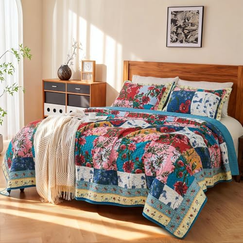 "EVENHUG 100% Cotton Quilt Set King Size Floral Patchwork Bedding Sets with Pillow Shams Breathable Lightweight Bedspreads Coverlet for All Season 3 Piece (106""x96"")"
