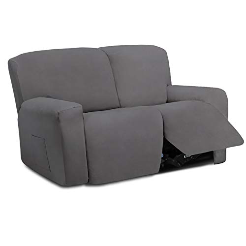 Easy-Going 6 Pieces Microfiber Stretch Sectional Recliner Sofa Slipcover Soft Fitted Fleece 2 Seats Couch Cover Washable Furniture Protector with Elasticity for Kids(Recliner Loveseat, Light Gray)