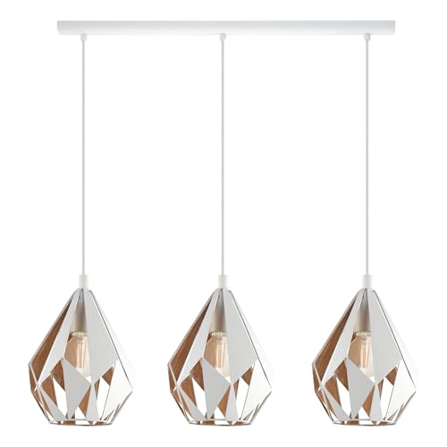 Eglo Carlton 1 Vintage Pendant Lamp, 3-Flame Retro Ceiling Light in White and Golden Steel, Dinning and Living Room Hanging Lighting, E27 Socket