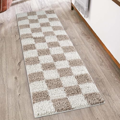Rugs by Desire Chester Living Room Shaggy Area Rug Modern - Contemporary Checkered Design 30mm Plush Pile Jute Backing Soft Woven Carpet -Hallway Runner Indoor Rug, Beige, 60x220 cm