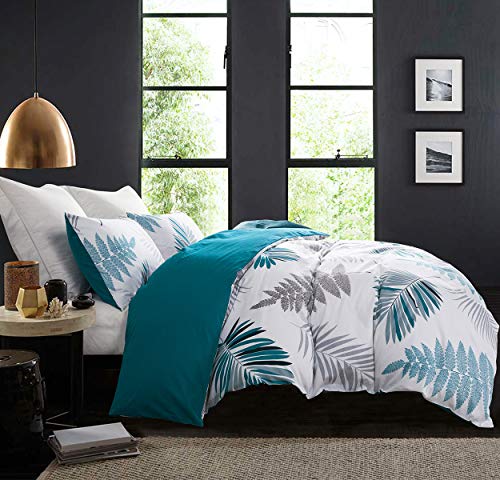 SLEEPBELLA Duvet Cover Full, 600 Thread Count Cotton Leaf Botanical Pattern Print Reversible Comforter Cover Set (Full, Teal Blue-Leaf)
