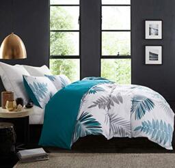 SLEEPBELLA Duvet Cover Full, 600 Thread Count Cotton Leaf Botanical Pattern Print Reversible Comforter Cover Set (Full, Teal Blue-Leaf)