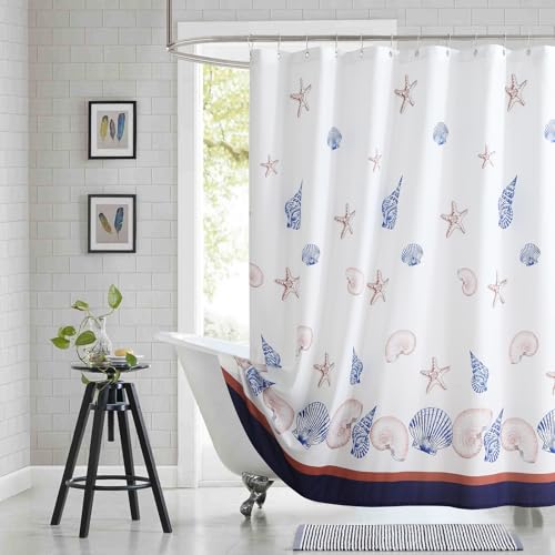 "BESTRIPES Fabric Shower Curtain, Seashell Starfish Conch Print Cloth Shower Curtains for Bathroom, Navy and White Bathroom Curtains, 72"" W x 72"" H"