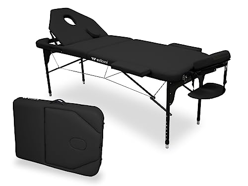 Quirumed WELLCORE Aluminium Folding Table with Folding Back, 185 x 65 cm, Leatherette, Adjustable Height, Articulated Head, Facial Hole, Black, Carry Backpack, Up to 225 kg