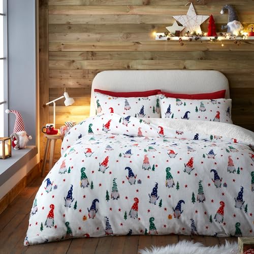 Fusion Christmas Gonk Duvet Cover Single Bed Teddy Fleece Xmas Bedding (140x200cm) – Reversible – 1 Pillowcase – White Gnome Design – Soft Festive Bedding, Gonks