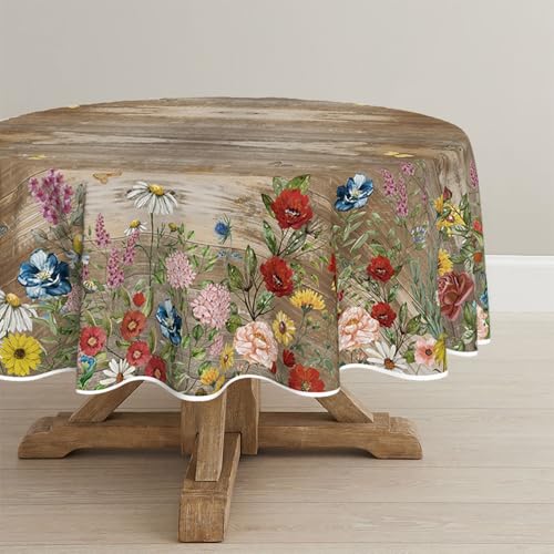 Horaldaily Spring Tablecloth 70 x 70 Inch Round Flowers Brown Wood Grain - Seasonal Washable Table Cover for Party Picnic Dinner Decor