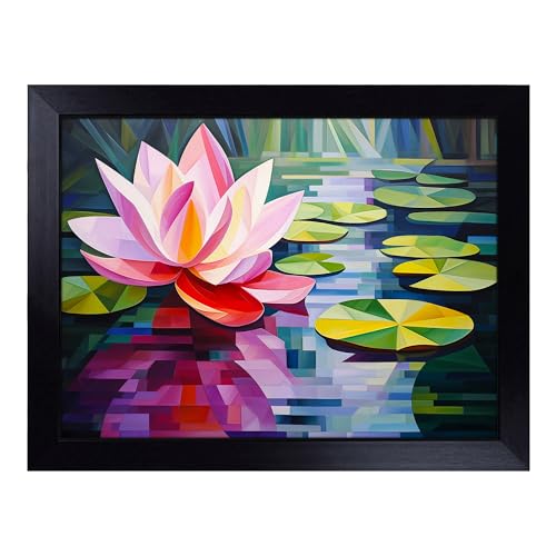 Lap Tray with Bean Bag Cushion, Water Lily Cubism - Handmade in the UK, Raised Wooden Edge, Padded Cushion, Heat-Resistant Wipe-Clean Surface, for Meals, Laptops and Crafts