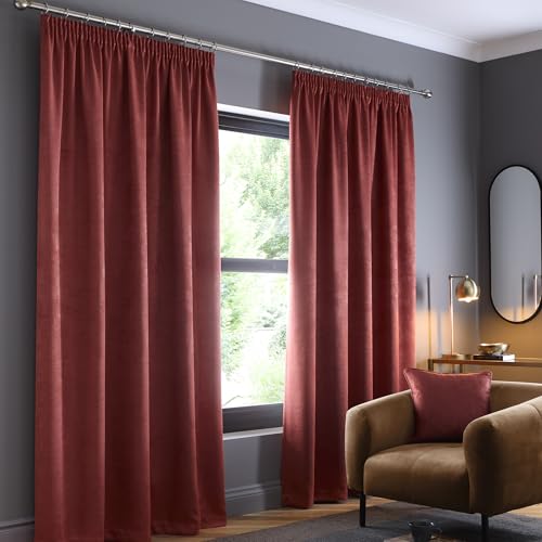 Fusion Terracotta Pencil Pleat Curtains W66 x L72 (168 x 183cm) – 100% Cotton Thermal & Soundproof Drapes – Blood Orange Window Treatment for Bedroom & Door – 2 Panels