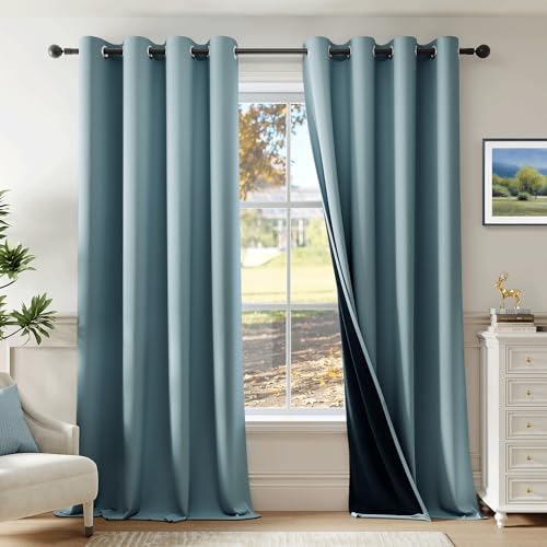 Beauoop Dusty Blue 100% Blackout Curtains for Bedroom 52x96 2 Panels - Room Darkening Thermal Insulated Drapes for Living Room 96 Inch Long Soundproof Energy Saving Window Treatments Grommet