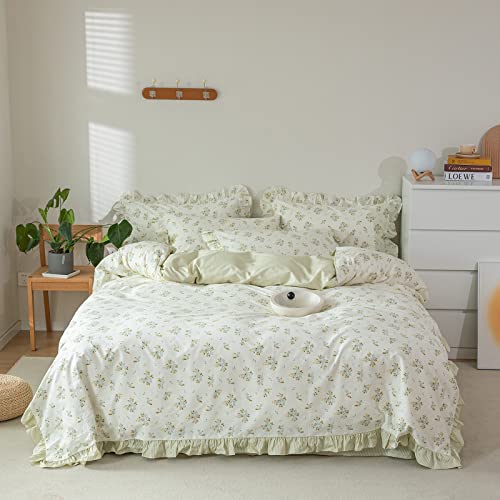 HighBuy Garden Flower Comforter Set Full Green Floral Bedding Comforter Set Stripes Farmhouse Bedding Set 1 Lace Ruffle Comforter and 2 Lace Pillowcases Romantic Comforter Sets for Girls Women