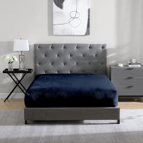 "Cathay Home Queen Flannel-Plush Fur Fitted Sheet - Ultra Soft & Thick Plush Fur - All Season Cozy Warmth - 12"" Deep Pocket Fitted Sheet Only (Queen, Navy)"