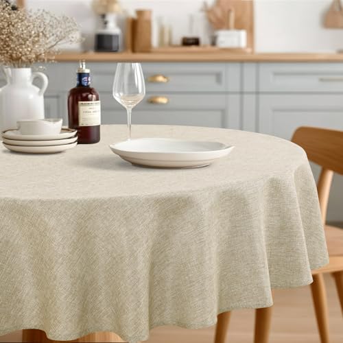 JIUZHEN Round Table Cloth Faux Linen Farmhouse Tablecloth Wrinkle and Stain Resistant Decorative Fabric Table Cover for Kitchen, Dining Room, Parties and Camping, Beige, 90 Inch Round
