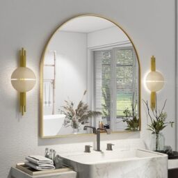 "XRAMFY Arched Bathroom Mirror 32"" x 34"" for Bathroom Vanity Mirror or Wall Decor Gold Arch Mirror Aluminum Alloy Frame Wall Mounted Mirror for Living Room Bedroom Entryway"