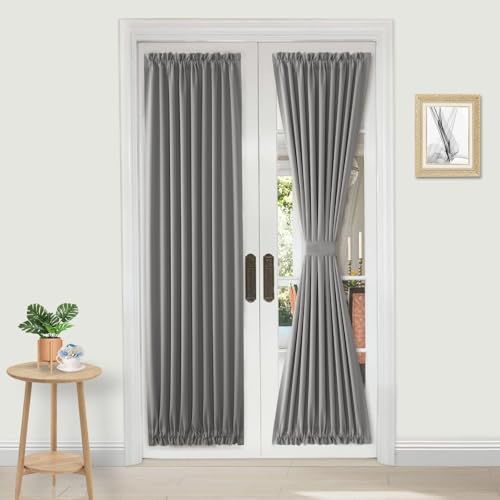 DWCN French Door Curtains ??? Rod Pocket Thermal Blackout Curtain for Doors with Glass Window, Kitchen and Patio Doors for Privacy, 25 X 72 Inches Long, 1 Curtain Panel with Tieback, Grey