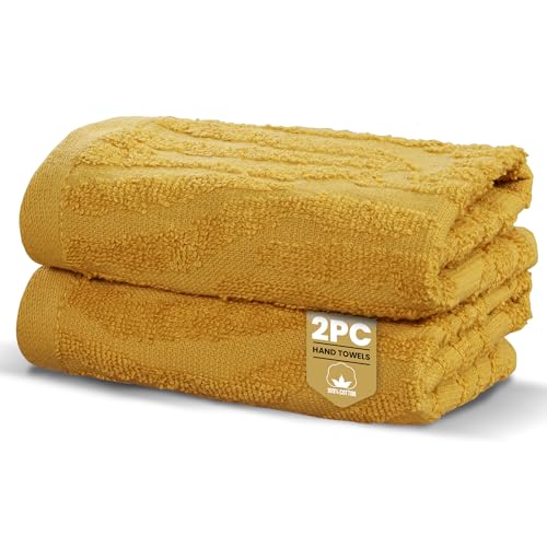 Rapport Home 2-Pack Safari Hand Towels - Mustard Yellow - 50x85cm 100% Cotton 500GSM - Absorbent & Soft Bathroom Towel Set - Oeko-Tex Certified