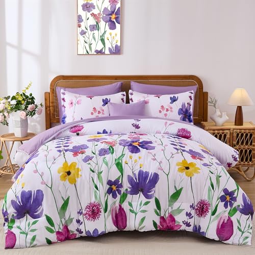 "Annibedding Purple Floral Comforter Set Queen, 8 Pieces Botanical Flowers Bed in a Bag Reversible Comforter Set with Sheets, Soft Microfiber Complete Bedding Set for All Season(90""x90"")"