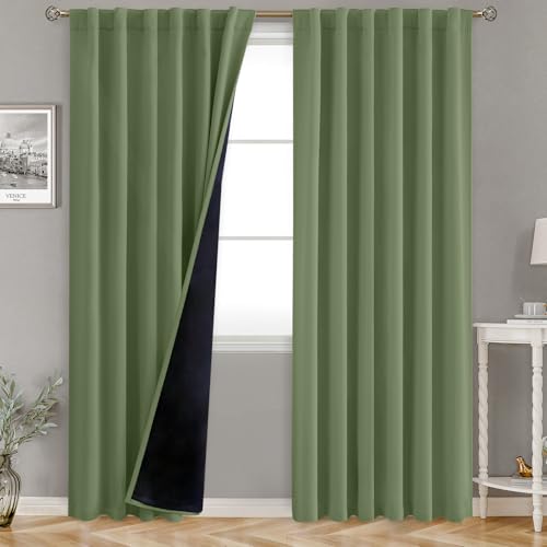 BGment Grass Green 100% Blackout Curtains with Reducing Noise Liner, 84 Inch Curtains Rod Pocket and Back Tab Double Layer Full Room Darkening Window Curtain for Bedroom, 2 Panels, Each 52 x 84 Inch