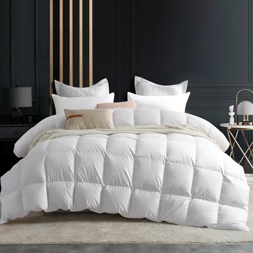 C&W White Goose Down Comforter Queen Size Down Duvet Insert Heavy Warmth for Winter 750 Fill Power 55oz Fill Weight White Solid