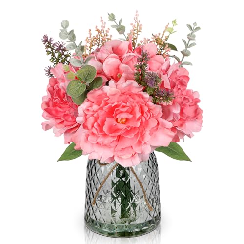 Briful Faux Flowers with Glass Vase Artificial Peony Hydrangea Silk Floral Arrangement Realistic Fake Flowers Bouquet in Vase for Home Office Dining Room Table Centerpiece Mantle Decor(Peach Pink)