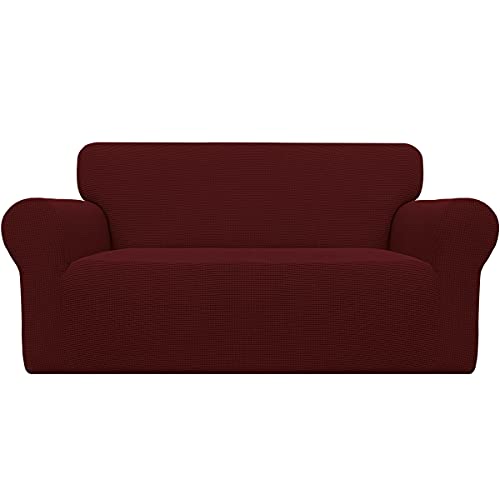 Easy-Going Stretch Loveseat Slipcover 1-Piece Sofa Cover Furniture Protector Couch Soft with Elastic Bottom for Kids Polyester Spandex Jacquard Fabric Small Checks (Loveseat, Wine)