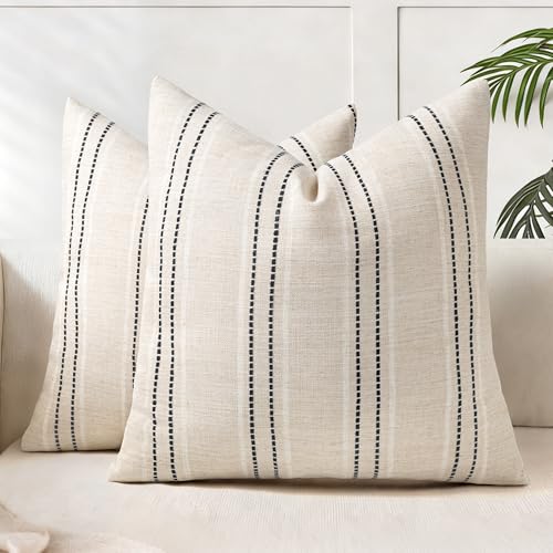 AELS 20x20 Decorative Farmhouse Linen Throw Pillow Covers, Boho Textured Pillow Case, Set of 2, Beige with White & Black Stitch Yarn Dyed Stripe Cushion Cover for Sofa Couch Living Room (Cover ONLY)