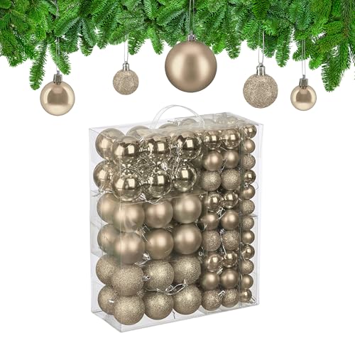 Relaxdays Christmas Baubles, Set of 50, Tree Ornaments, Holiday Decorations, Plastic, Glittery, Matte & Shiny, Champagne