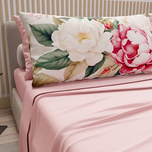 PETTI Artigiani Italiani - Cotton Sheets with Pillowcases in Digital Print, French Queen, Complete Top and Bottom Sheet with Corners, Sofia Powder, 100% Made in Italy