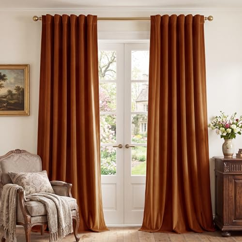 StangH Velvet Curtains 96 inches Long - Burnt Orange Holiday Home Decor Back Tab Blackout Privacy Assured Window Covering for Living Room Sliding Door, W52 x L96, 2 Panels