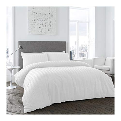 Gaveno Cavailia Easy Care Seersucker Duvet Cover Quilt and Pillow Case, 100% Polyester Super Soft Bed Set, Single, White