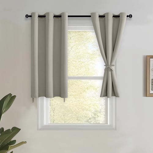 JIUZHEN Silver Grey Blackout Curtains with Tiebacks Thermal Insulated, Light Blocking and Noise Reducing Grommet Curtains for and Living Room, Set of 2 Window Curtain Panels, 34 x 24 Inch Length